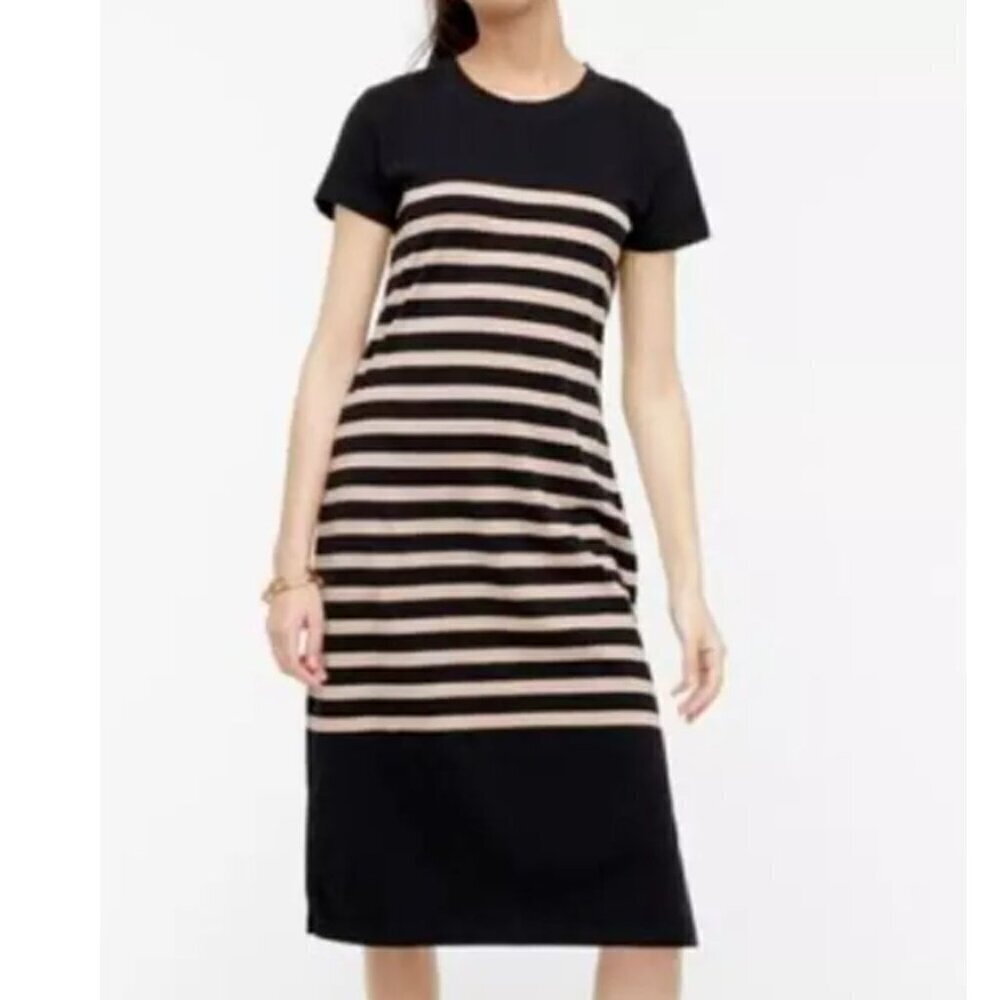 J Crew Dress Large Black T Shirt Short Sleeve Crew Neck Striped Cotton Midi